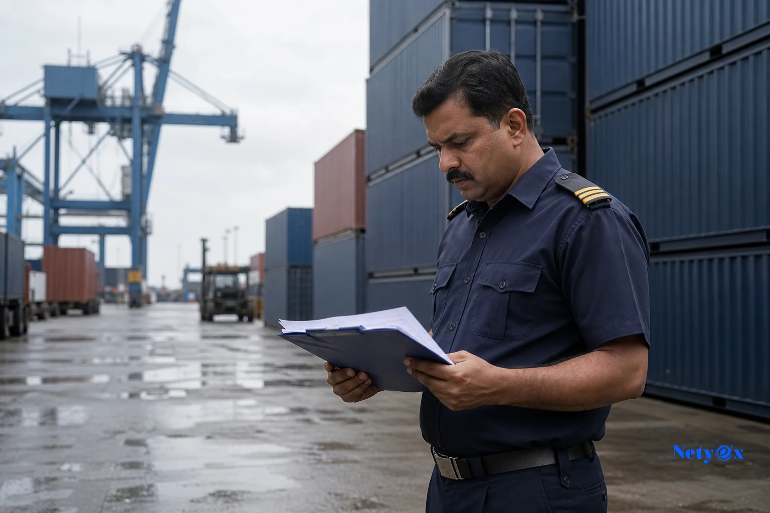 A shipping container sitting at a port with a customs officer inspecting documents, conveying a delay scenario. Photorealistic photo of a customs or logistics officer reviewing a clipboard of shipping documents beside a stacked shipping