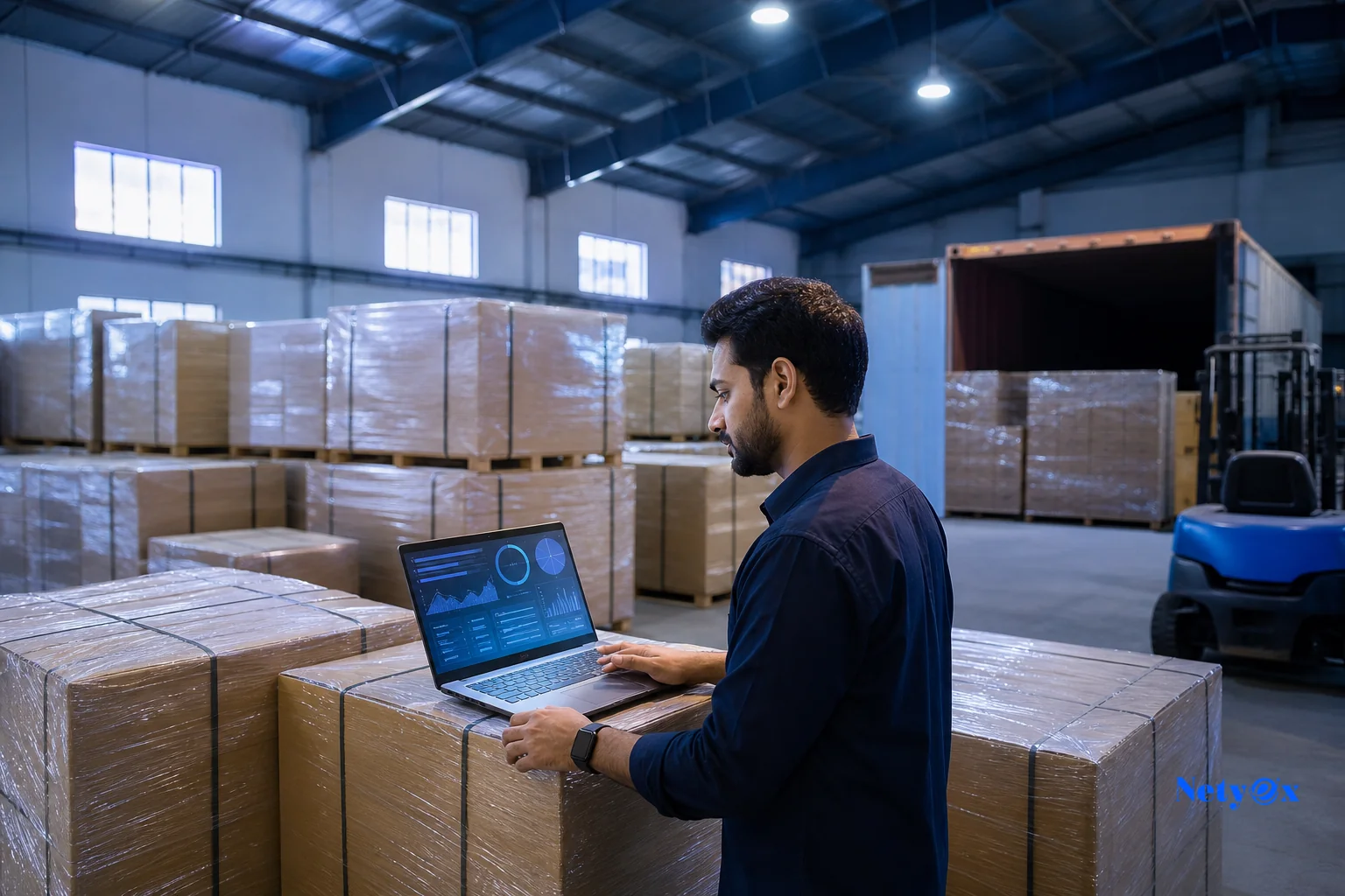 An export coordinator working on a laptop showing a digital certification portal alongside physical export cartons ready for shipment. Photorealistic photo of an export operations coordinator working on a laptop inside an Indian export