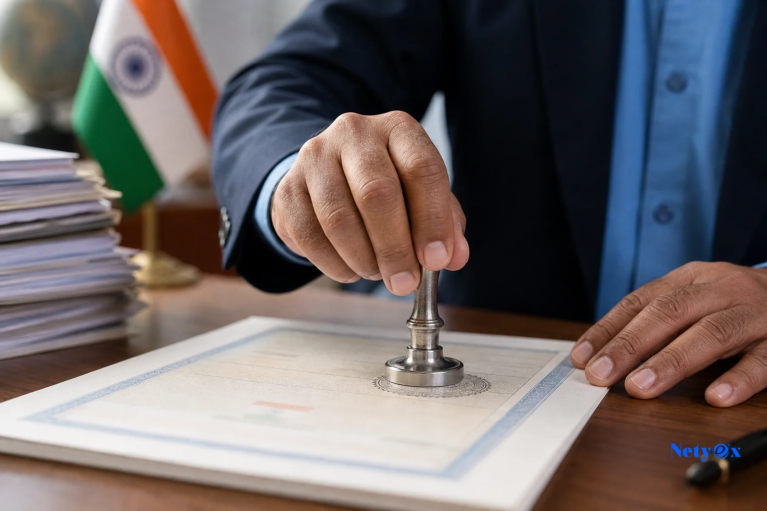 Close-up of hands stamping and signing an official trade document at a chamber of commerce office in India. Photorealistic photo of an official's hands stamping an export certificate document with a metal seal stamp at a chamber of commerce