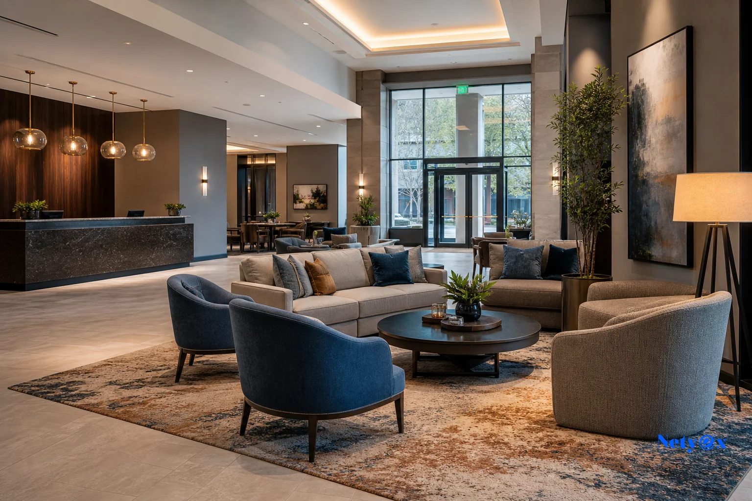 Wide hotel lobby with large area rug anchoring a seating cluster. photorealistic photo of a spacious modern hotel lobby with a large area rug in warm neutral tones anchoring a seating cluster of sofas and armchairs, reception desk visible