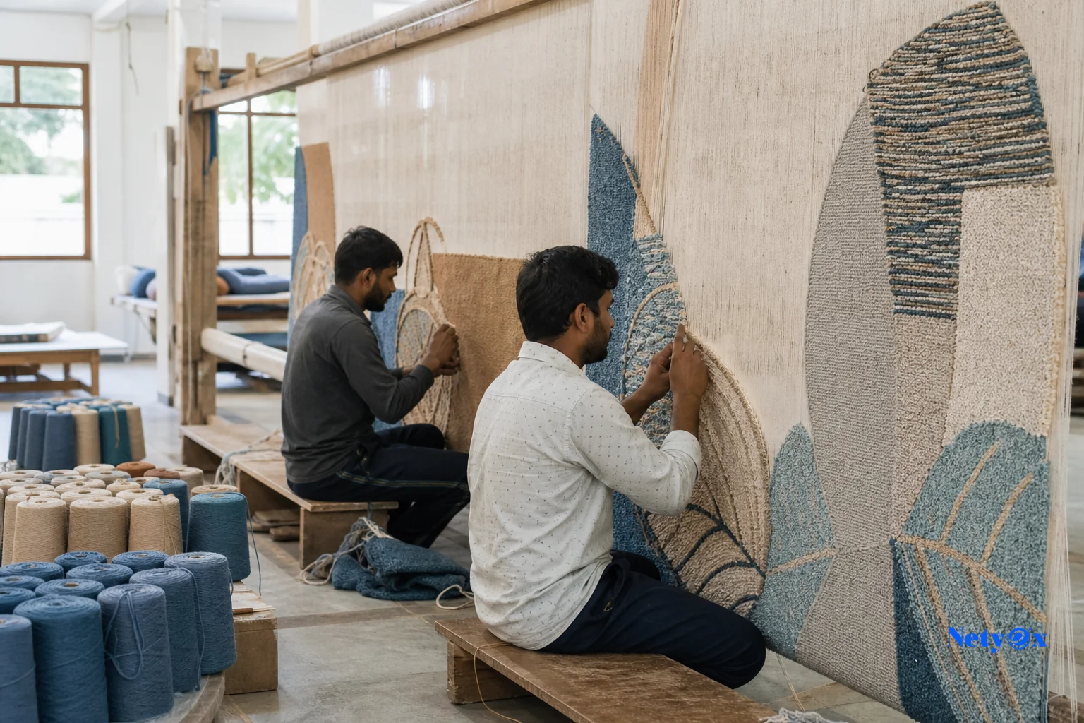Indian rug workshop showing artisans working on a large custom hand-tufted rug for export. photorealistic photo of skilled Indian artisans hand-tufting a large wool rug on a wooden frame inside a bright workshop in India, yarn spools in
