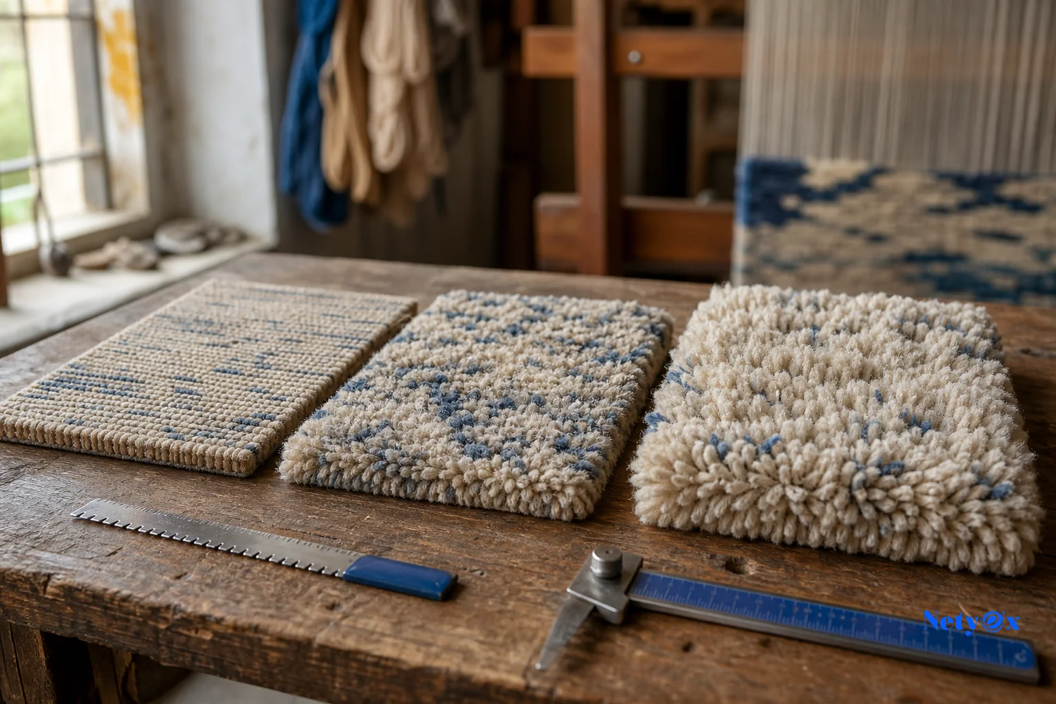 Close-up cross-section comparison of wool rug pile heights on a workbench. photorealistic close-up photograph of three wool rug swatches laid side by side on a wooden workbench in an Indian rug workshop, showing visibly different pile