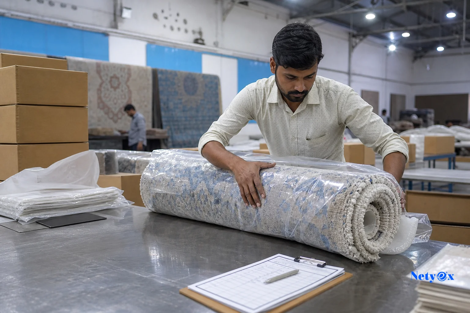 Export documentation and packing process for wool rugs at an Indian facility. photorealistic photograph inside an Indian rug export facility showing a worker rolling and wrapping a hand tufted wool rug in protective packaging on a large