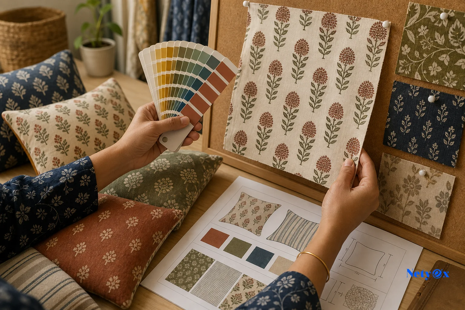Sourcing professional reviewing Pantone color swatches and block-printed fabric samples against a specification sheet in a textile workspace