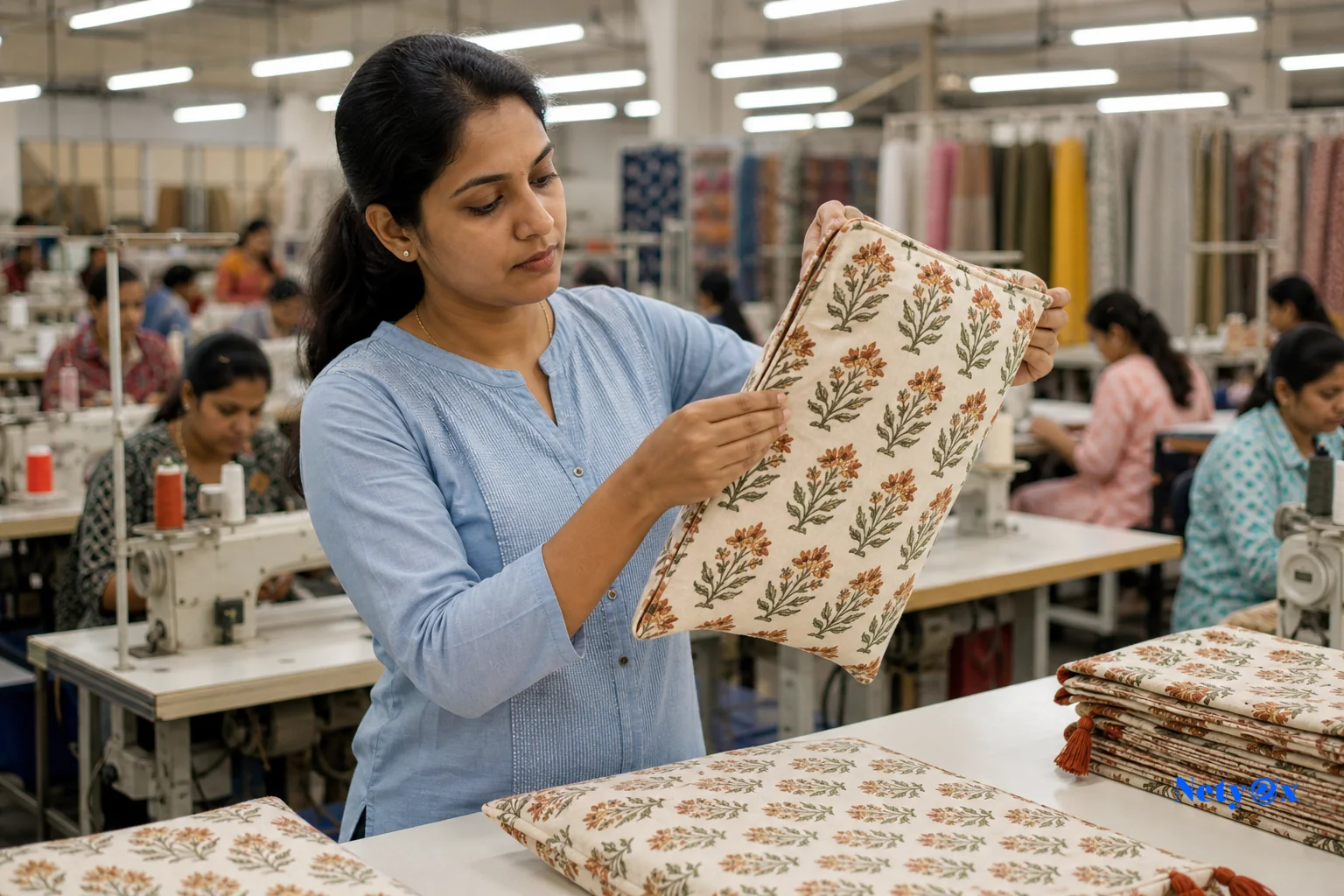 Quality control inspector examining block-printed cushion cover stitching under bright factory lighting in an Indian textile facility