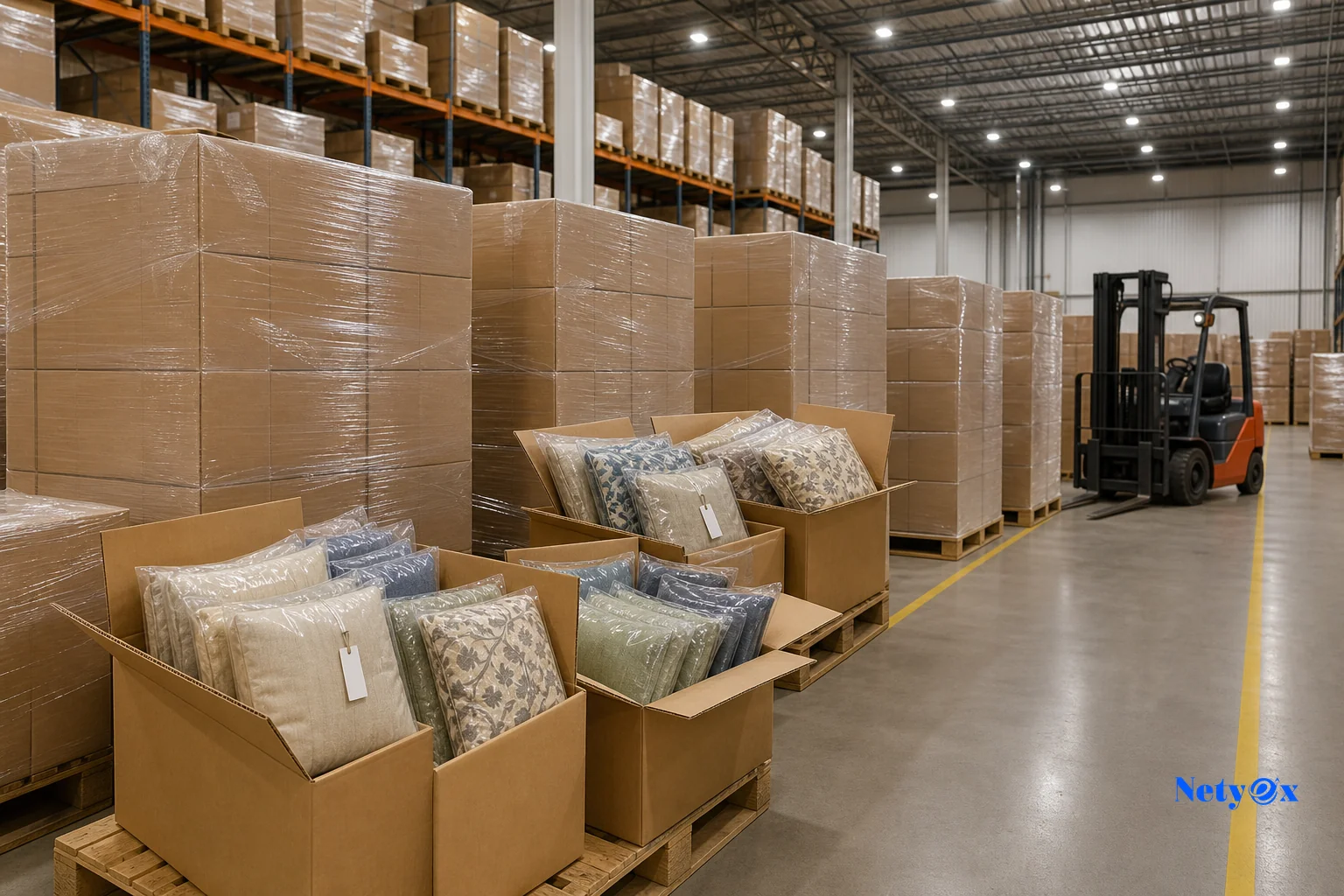 Neatly stacked export cartons of cushion covers on pallets in an Indian warehouse ready for international shipping