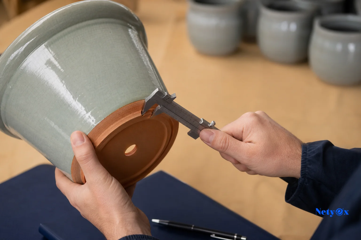 Quality inspector checking wall thickness and glaze finish on a terracotta garden planter before export