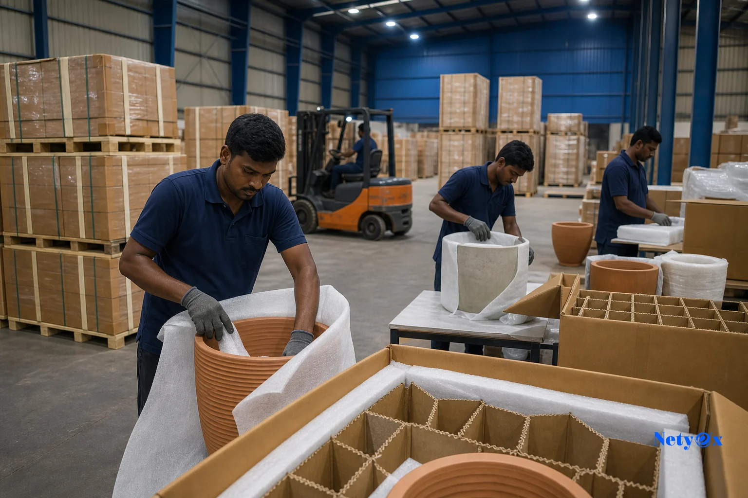 Warehouse workers packing heavy terracotta and concrete garden planters with foam padding and pallets for export