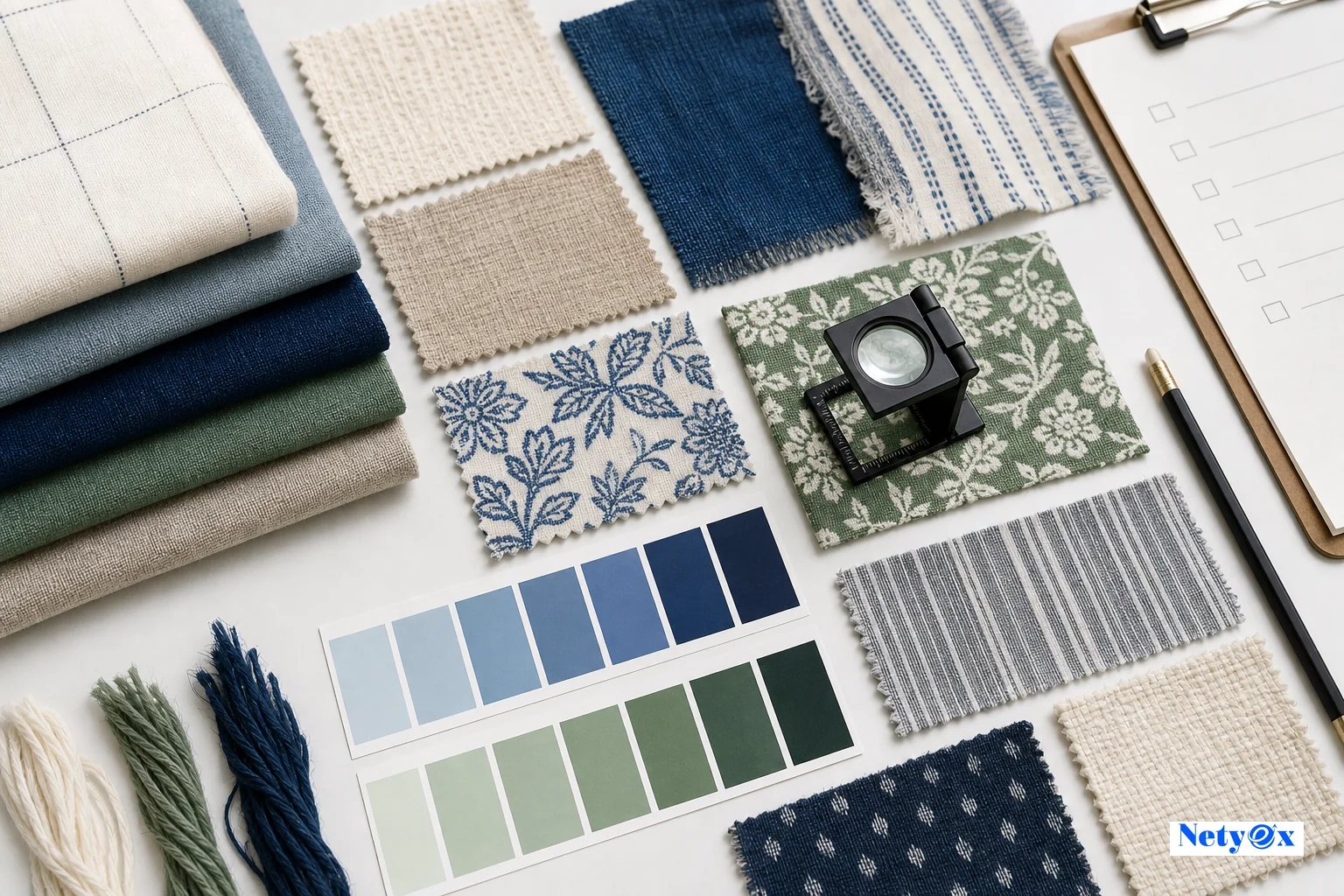 Textile fabric swatches and color lab dip cards arranged on a work table during the pre-production sampling process