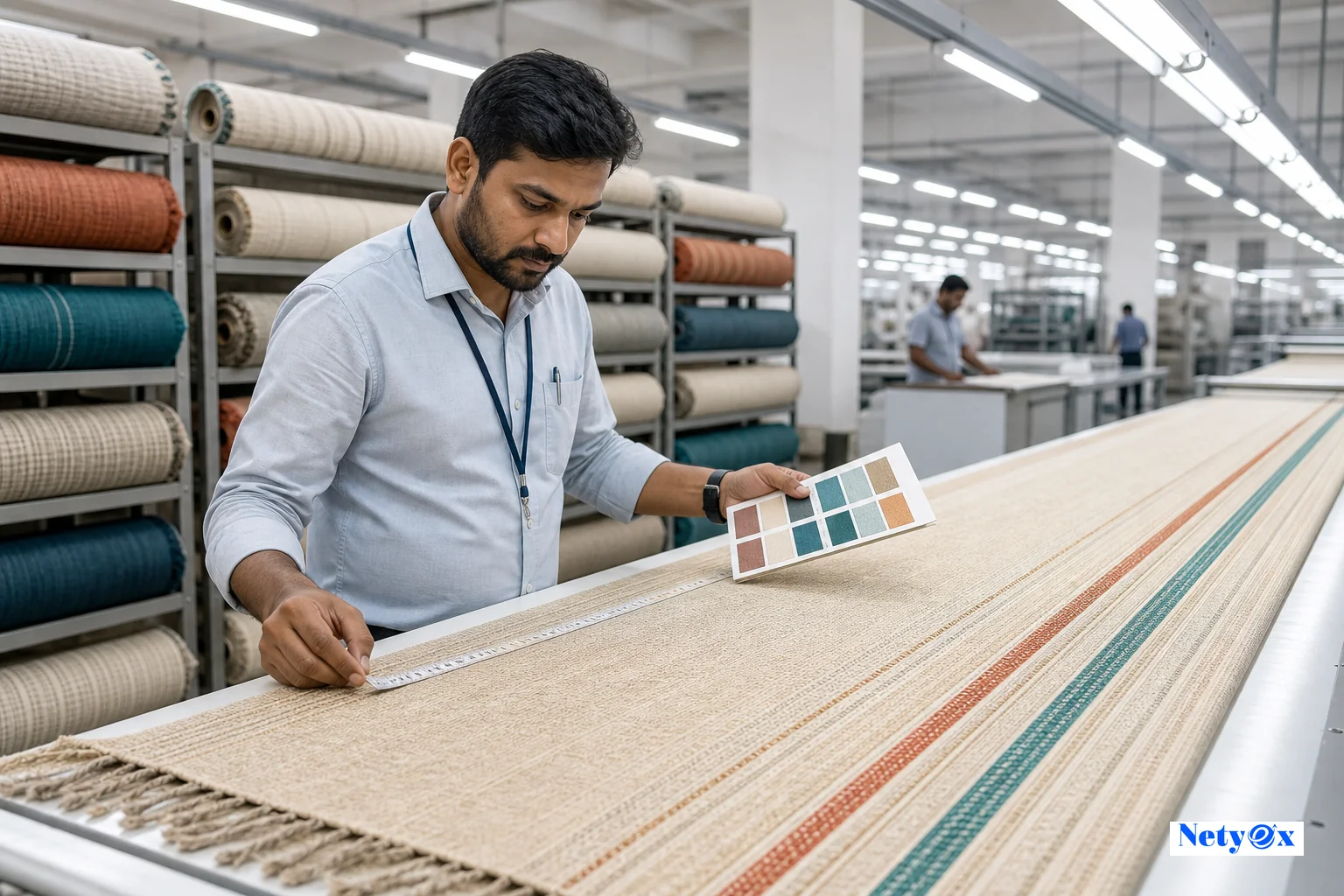 Quality control inspector examining woven fabric on an inspection table in an Indian textile factory