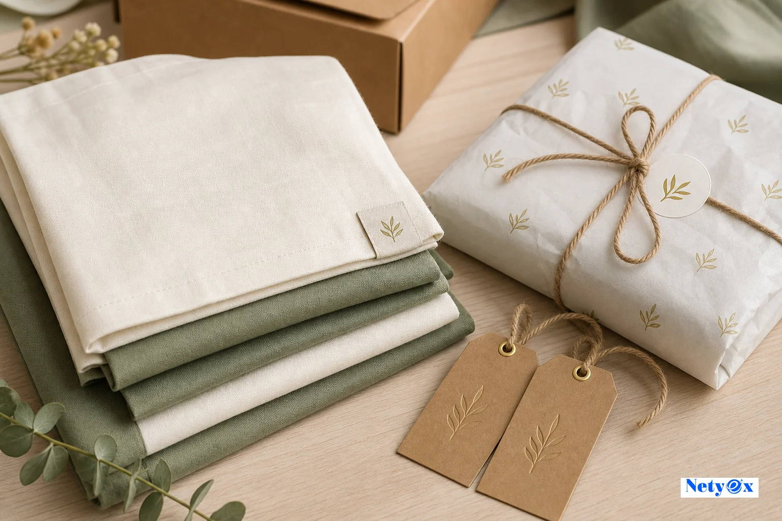 Private-label textile products with woven brand labels, custom hang tags, and branded packaging ready for export