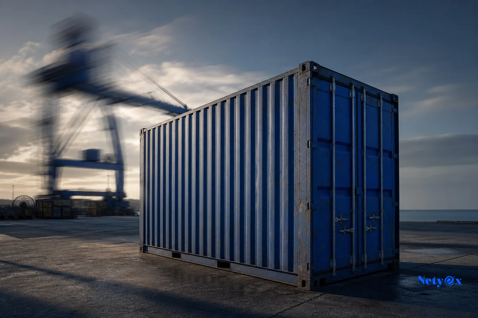 Isolated shipping container in a port storage yard with long shadows showing days passing and demurrage charges accumulating