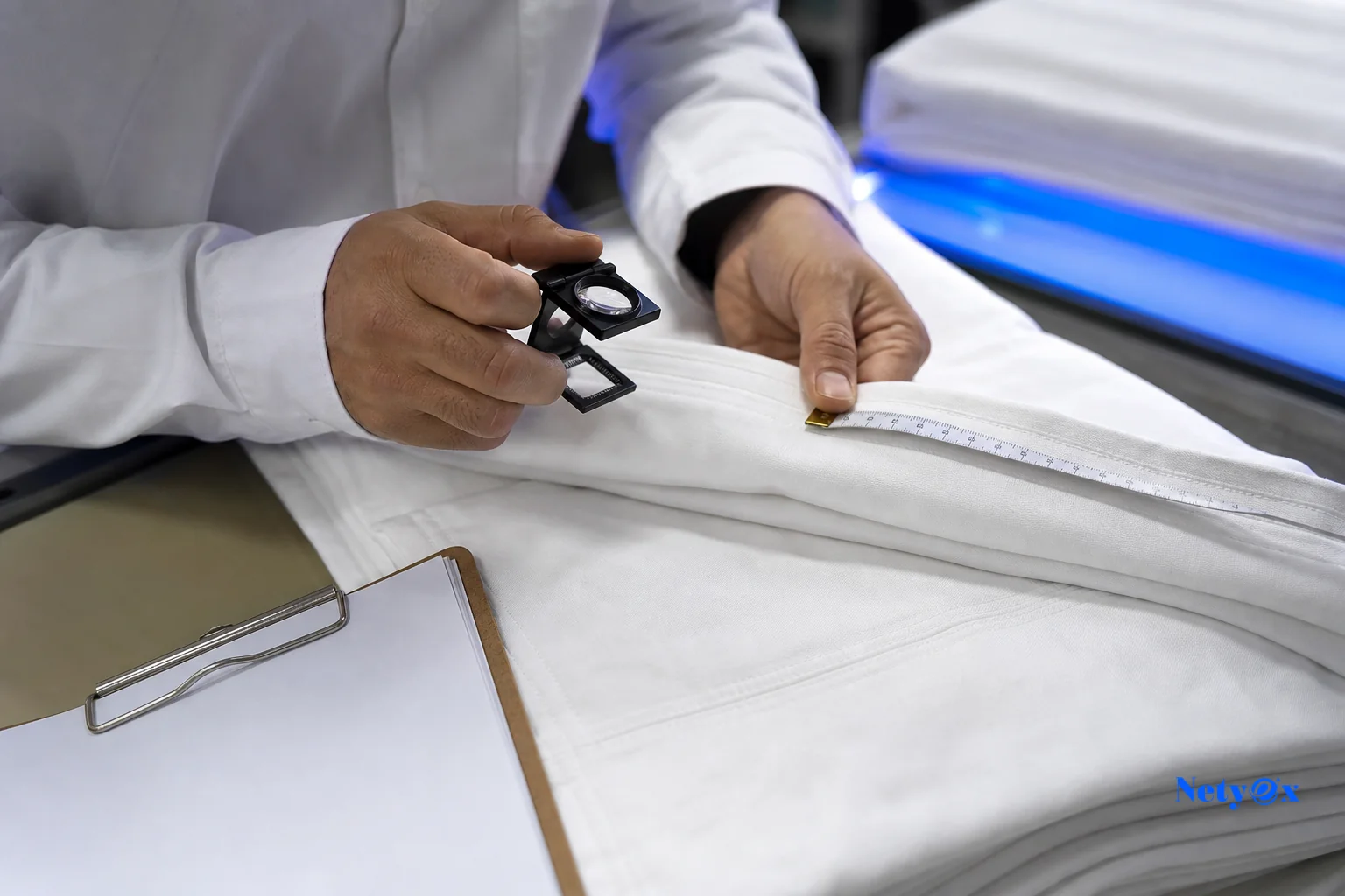 Quality control inspector examining thread count and stitching on a folded white cotton bed sheet