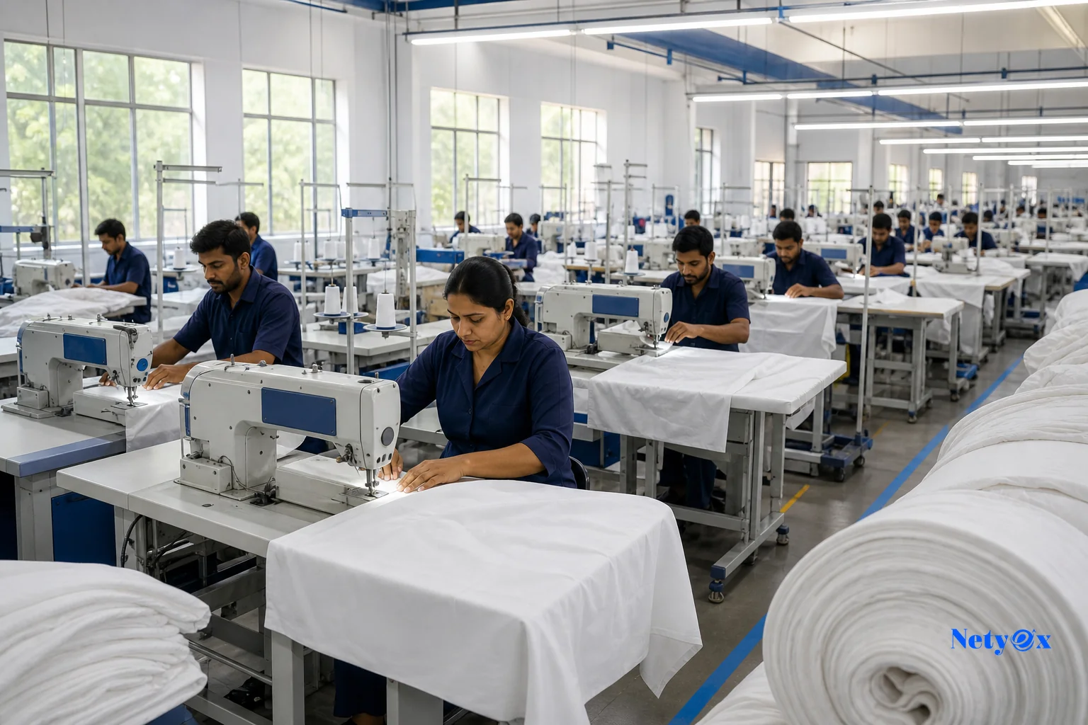 Modern Indian home textile factory floor with stitching machines producing cotton bed sheets