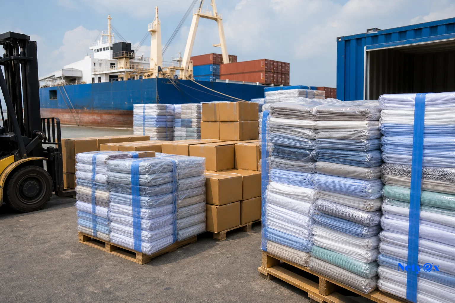 Stacked export cartons of packed cotton bed linen at an Indian port logistics yard with a cargo ship in the background
