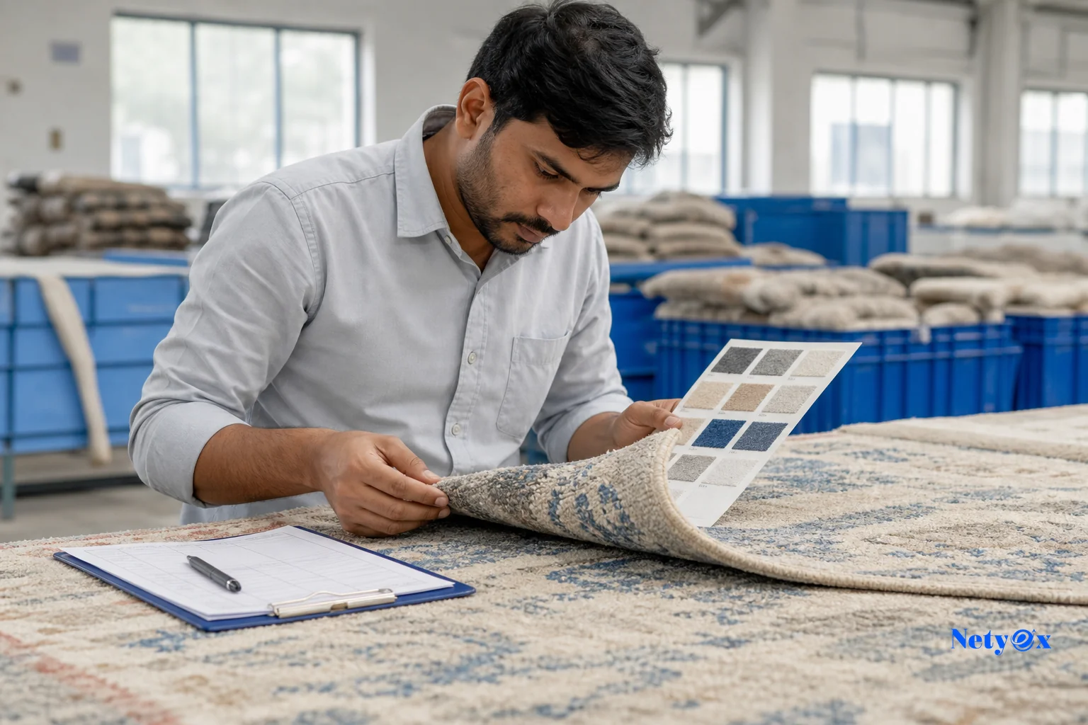 Quality inspector examining a handknotted rug sample, checking pile density and color consistency. Photorealistic photograph of a quality control inspector in a bright Indian textile facility carefully examining a rolled-back corner of a
