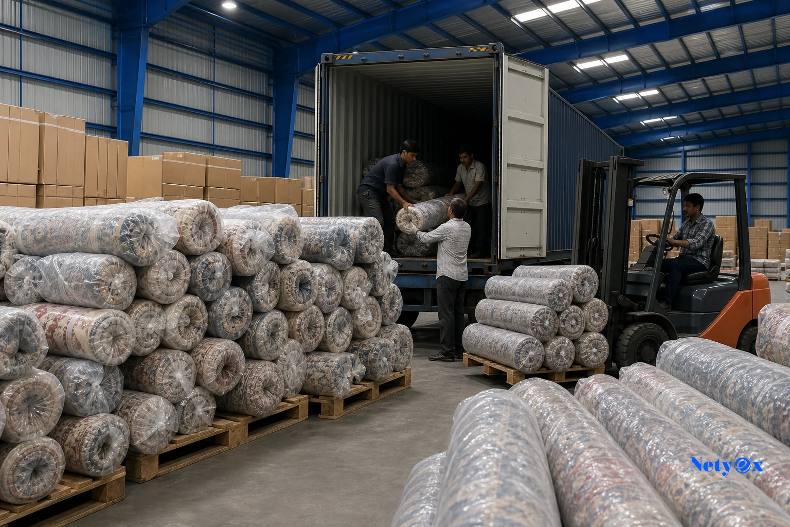 Rolled and packed handknotted rugs being prepared for export shipment at a logistics facility. Photorealistic photograph of tightly rolled handknotted rugs wrapped in protective packaging stacked on wooden pallets inside an export warehouse