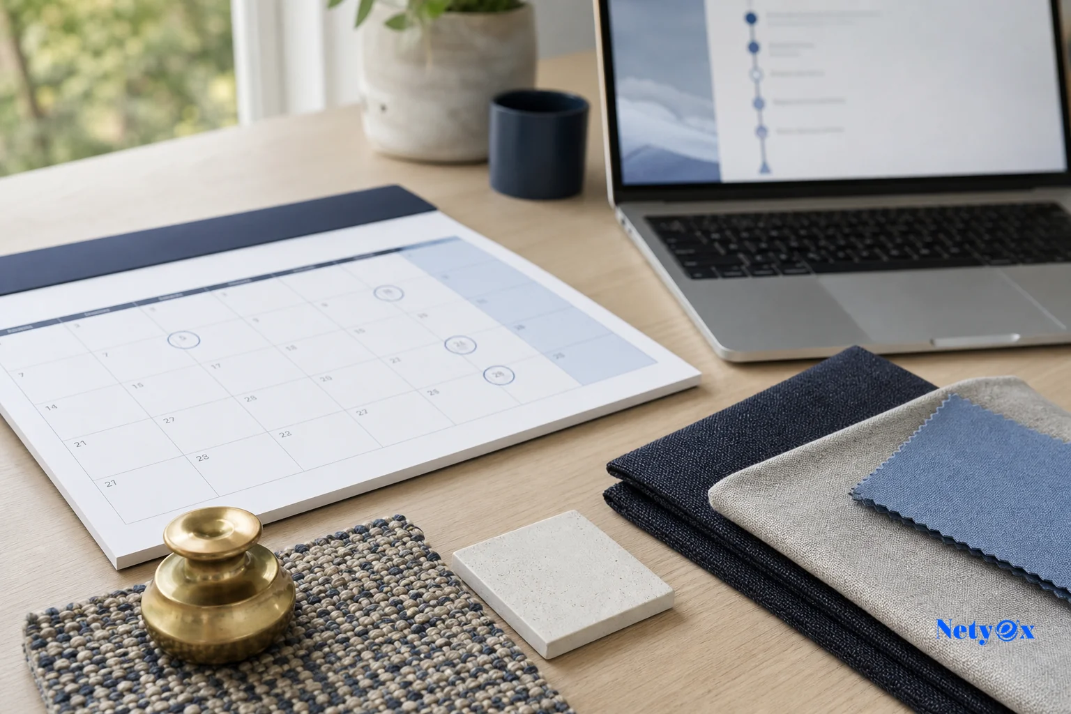 A flat-lay or desk scene showing a shipping calendar, sample products (festive decor, rugs, textile swatches), and a laptop, representing planning ahead for seasonal categories. photorealistic photo of a desk flat-lay showing a wall