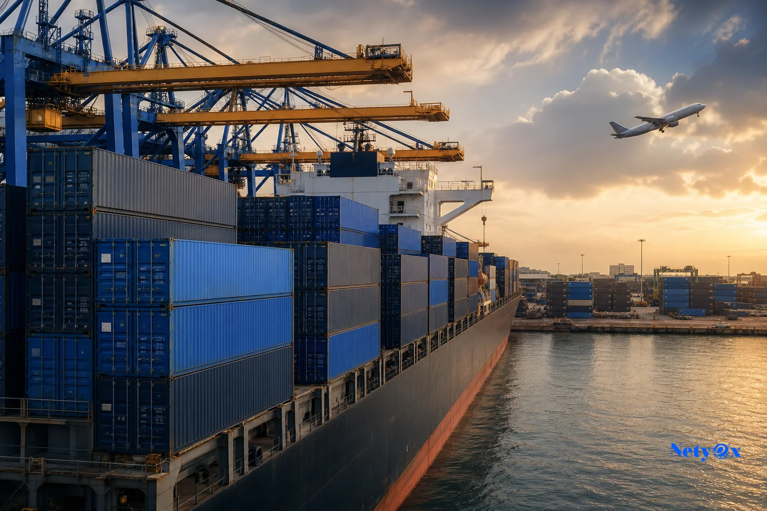 A cargo ship and airplane at a busy port, symbolizing the choice between sea freight and air freight for seasonal shipments. photorealistic photo of a large container cargo ship docked at a busy Indian port with stacked shipping containers