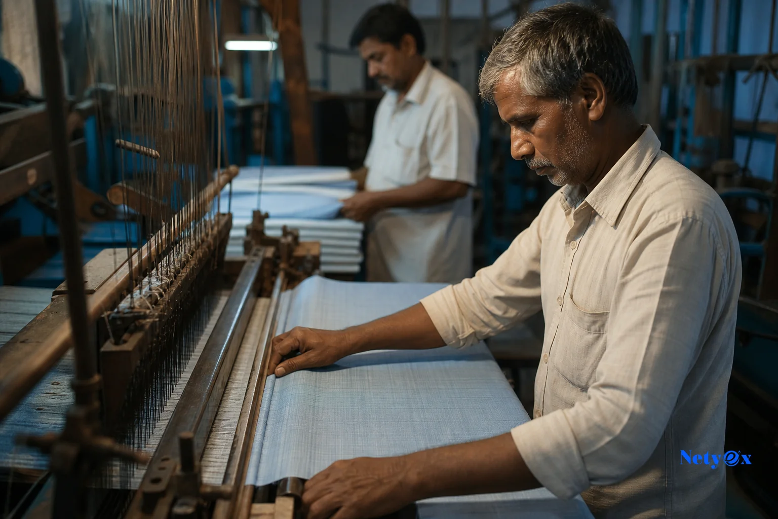 photorealistic photo of skilled artisans working at a textile production unit in India, one worker operating a loom and another folding finished fabric bolts, warm industrial lighting mixed with cool blue accent tones, shallow depth of