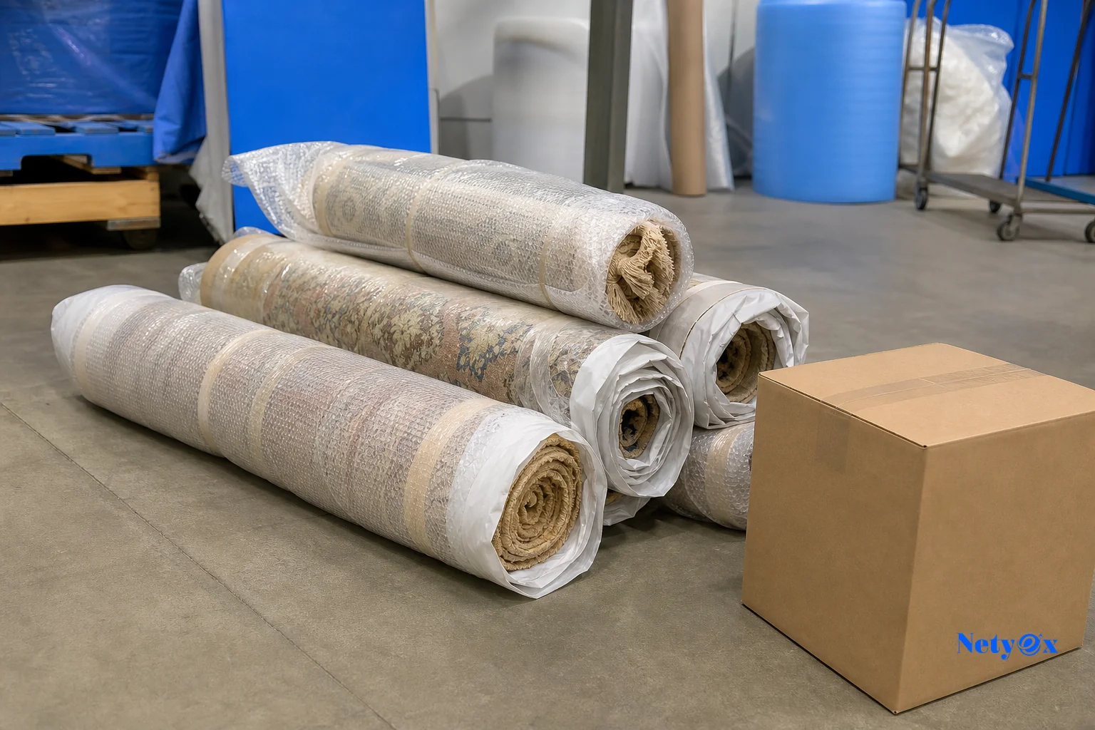 Small stack of rolled sample rugs ready for trial shipment, packed for export. photorealistic photo of a small stack of three to five rolled custom wool rugs wrapped in protective packaging, sitting on a warehouse floor near a cardboard