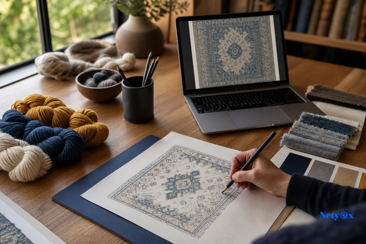 A designer's hand-drawn rug sketch and color swatches on a desk, being reviewed alongside a laptop showing a digital rug mockup. photorealistic photo of a wooden desk with a hand-drawn rug pattern sketch on paper, colored wool yarn swatches