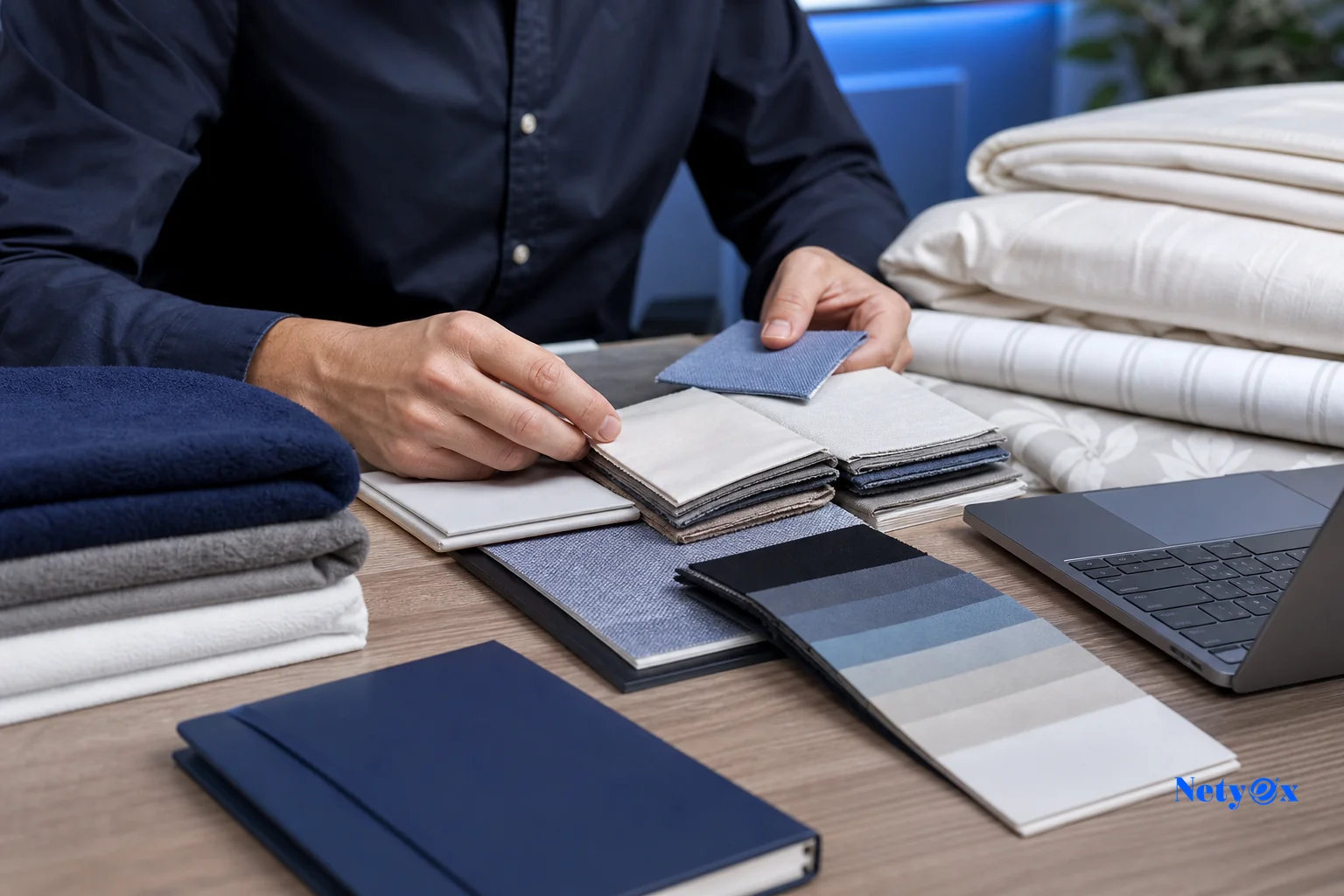 Photorealistic close-up photograph of a professional's hands comparing fabric swatches, cotton bedsheet samples, and folded towel samples spread across a wooden table in a bright office setting, a laptop and notebook nearby with soft blue