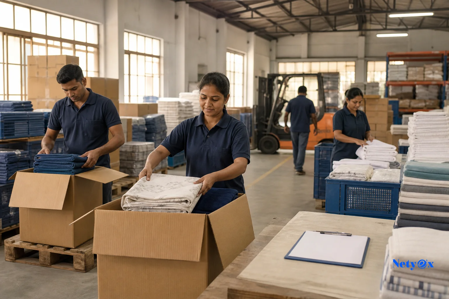 Photorealistic image of a bright, organized textile export warehouse in India, workers carefully folding and packing bedsheets and towels into export cartons on wooden pallets, a clipboard and shipping labels visible on a nearby table