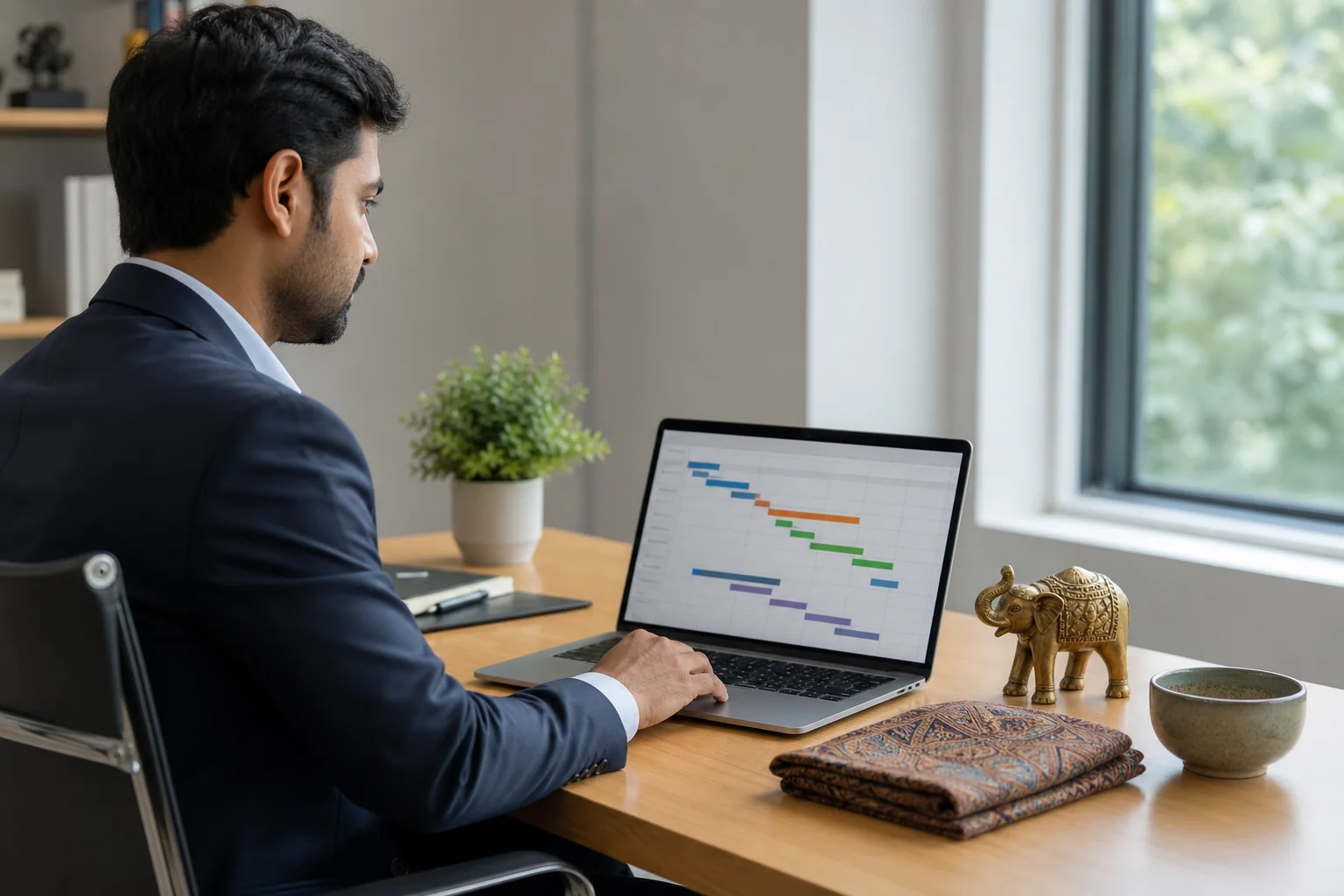 Professional buyer reviewing India sourcing timeline plan with product samples on desk