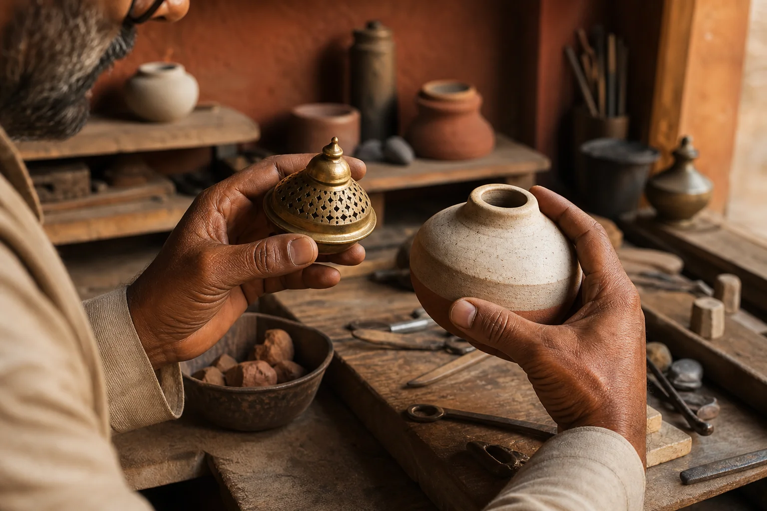 Artisan hands inspecting pre-production samples of brass and ceramic products in an Indian workshop