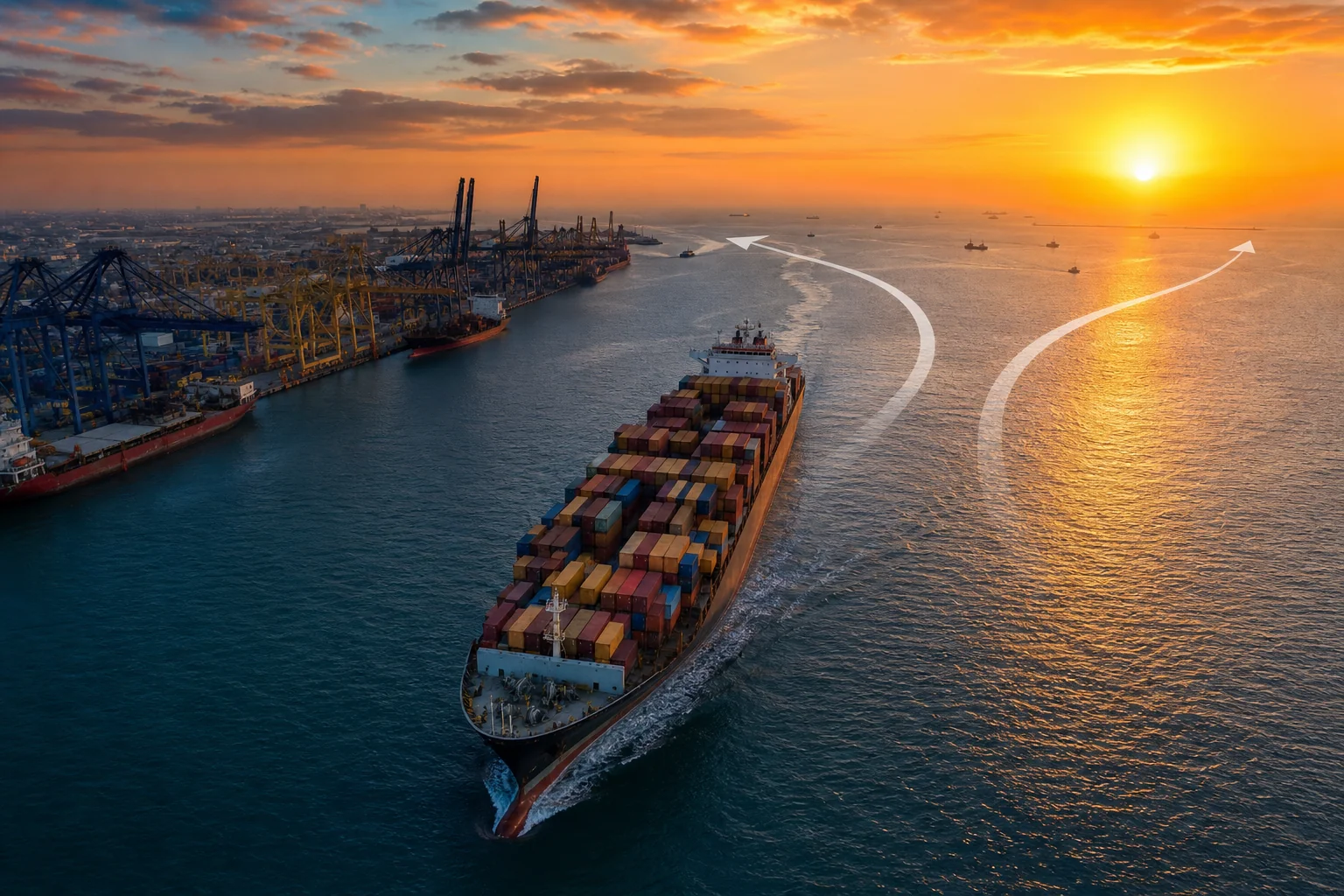 Cargo ship loaded with shipping containers departing an Indian port for global delivery