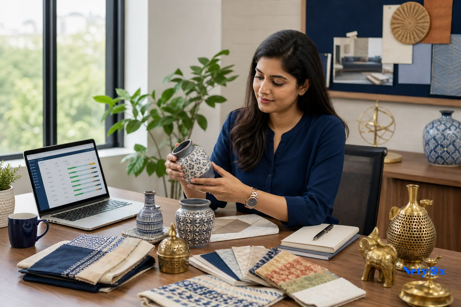 Netyex sourcing specialist reviewing product samples including ceramic pottery, textile swatches, and brass items alongside an order tracking dashboard