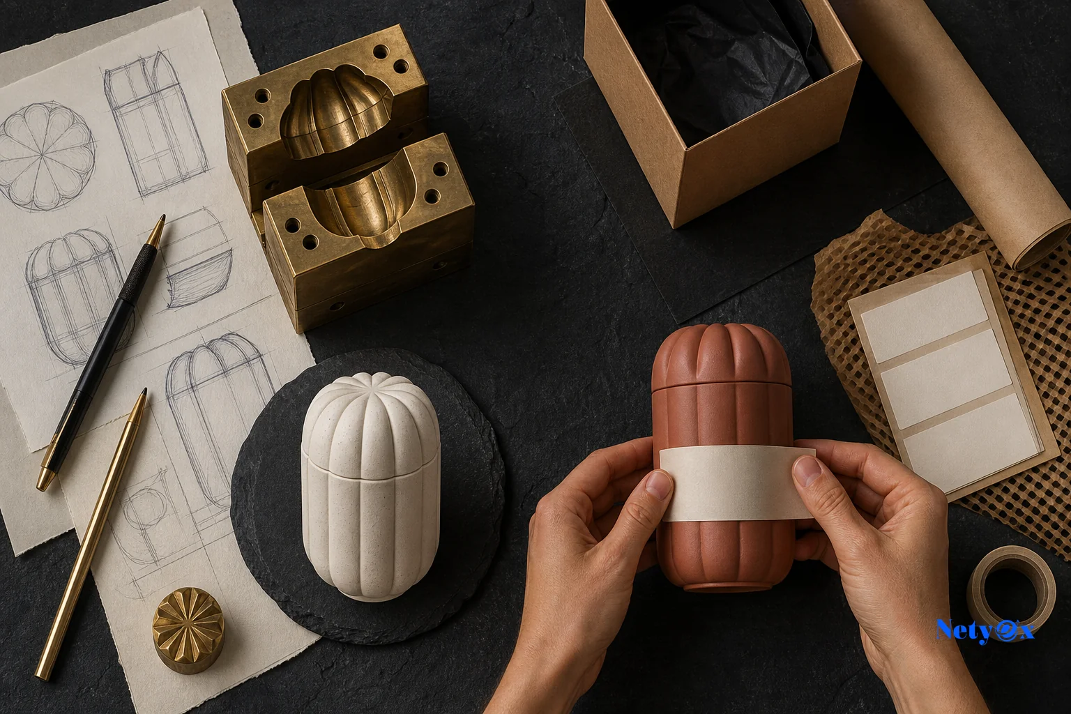 Overhead flat-lay comparison of OEM custom product development with design sketches and ODM product adaptation with branding materials