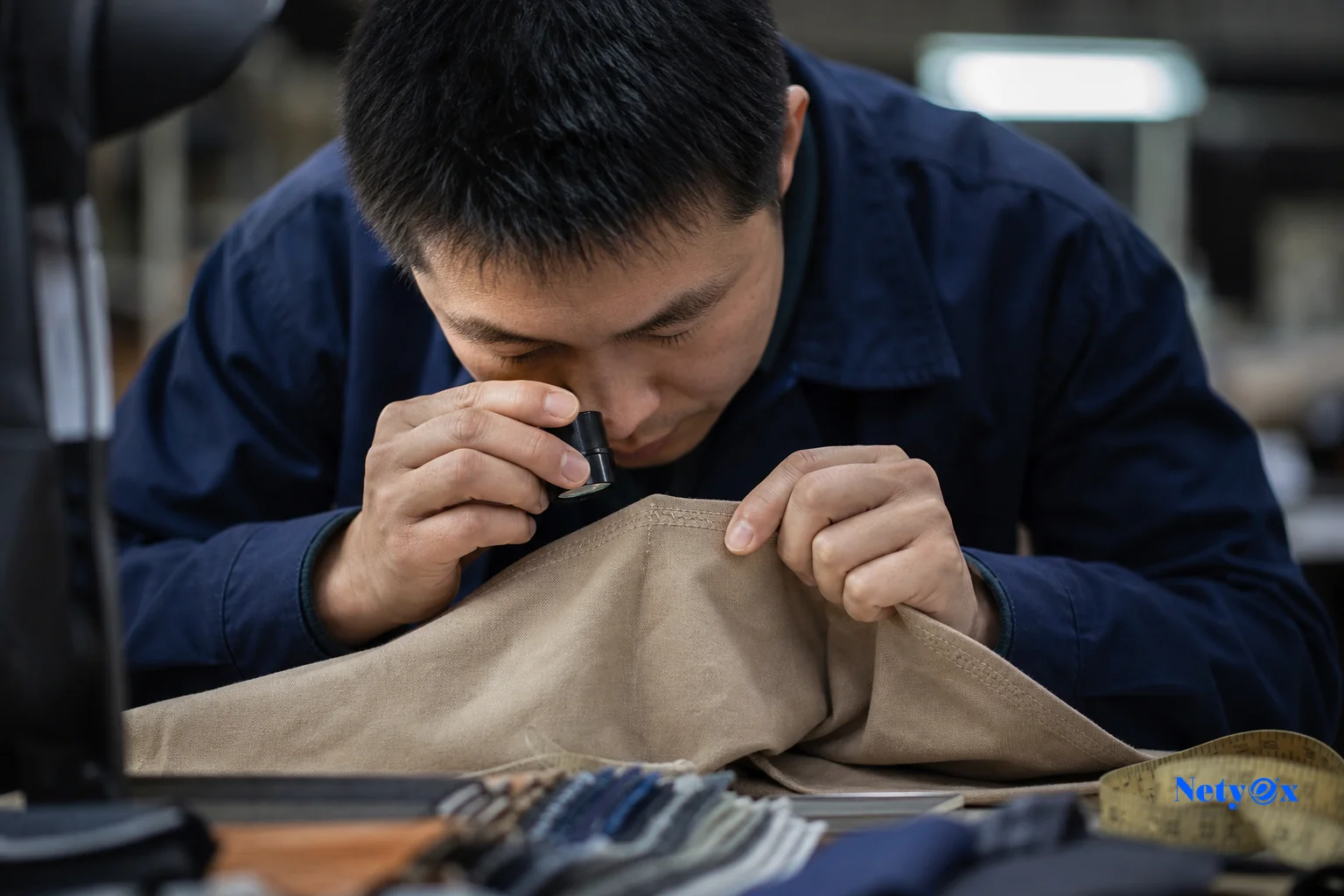 photorealistic: A macro photo of a quality control inspector examining stitching seams on a beige textile sample with a magnifying loupe, workshop table with sample swatches and a measuring tape nearby, soft industrial lighting, color