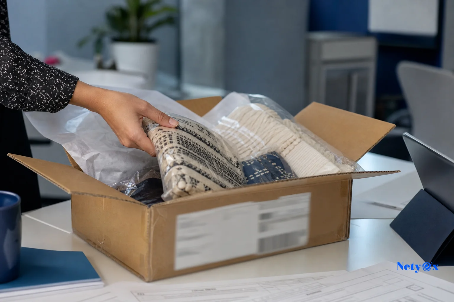photorealistic: A photo of an opened courier box with a few handicraft and textile samples partially unwrapped on a desk, a shipping label visible but blurred/unreadable, an office worker's hand reaching in to lift out a sample, natural