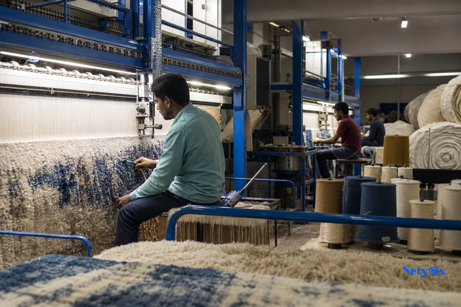 photorealistic: A wide photo of an Indian textile or rug manufacturing workshop with workers operating tufting or weaving equipment, rolls of wool and fabric in the background, warm industrial lighting mixed with cool blue tones, sense of