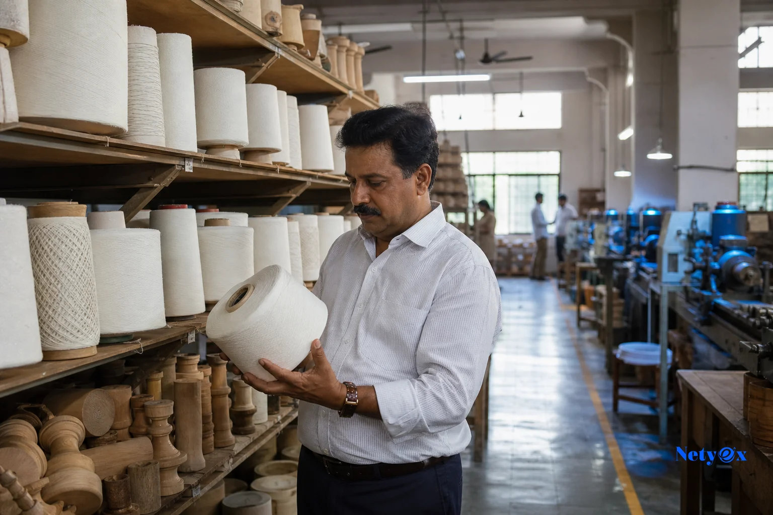 Small Indian textile/handicraft workshop owner reviewing a production order with raw materials. photorealistic photo of a mid-sized Indian manufacturing workshop interior, an owner in his 40s examining raw cotton yarn spools and wooden