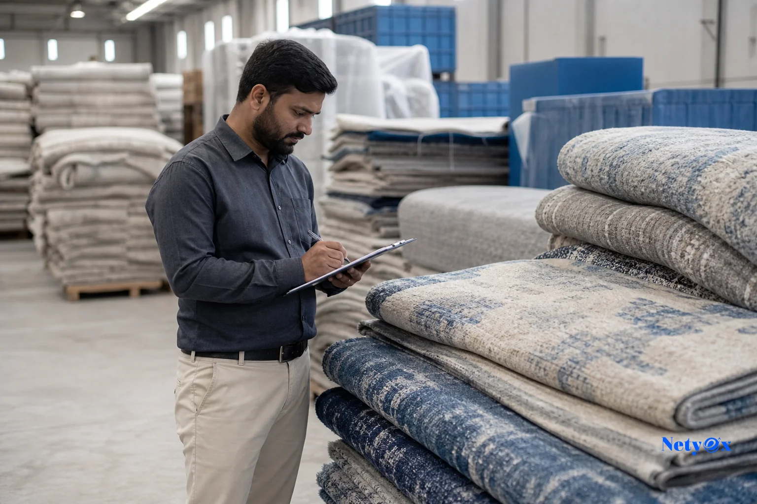 photorealistic photo of a quality control inspector in India examining hand tufted wool rugs stacked in a warehouse, using a checklist clipboard, natural warehouse lighting, blue and grey brand tones subtly present in packaging crates