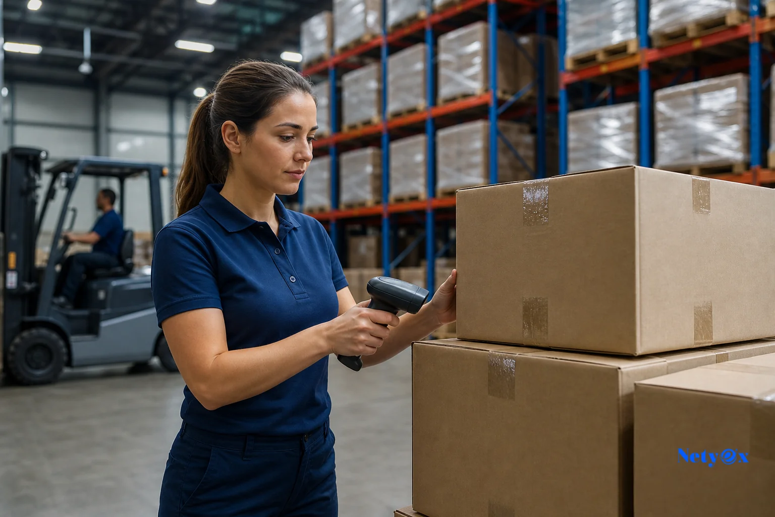 A US warehouse worker scanning inbound cartons from an international shipment. photorealistic photo of a warehouse fulfillment worker in the United States scanning barcodes on shipping cartons freshly arrived from an international shipment