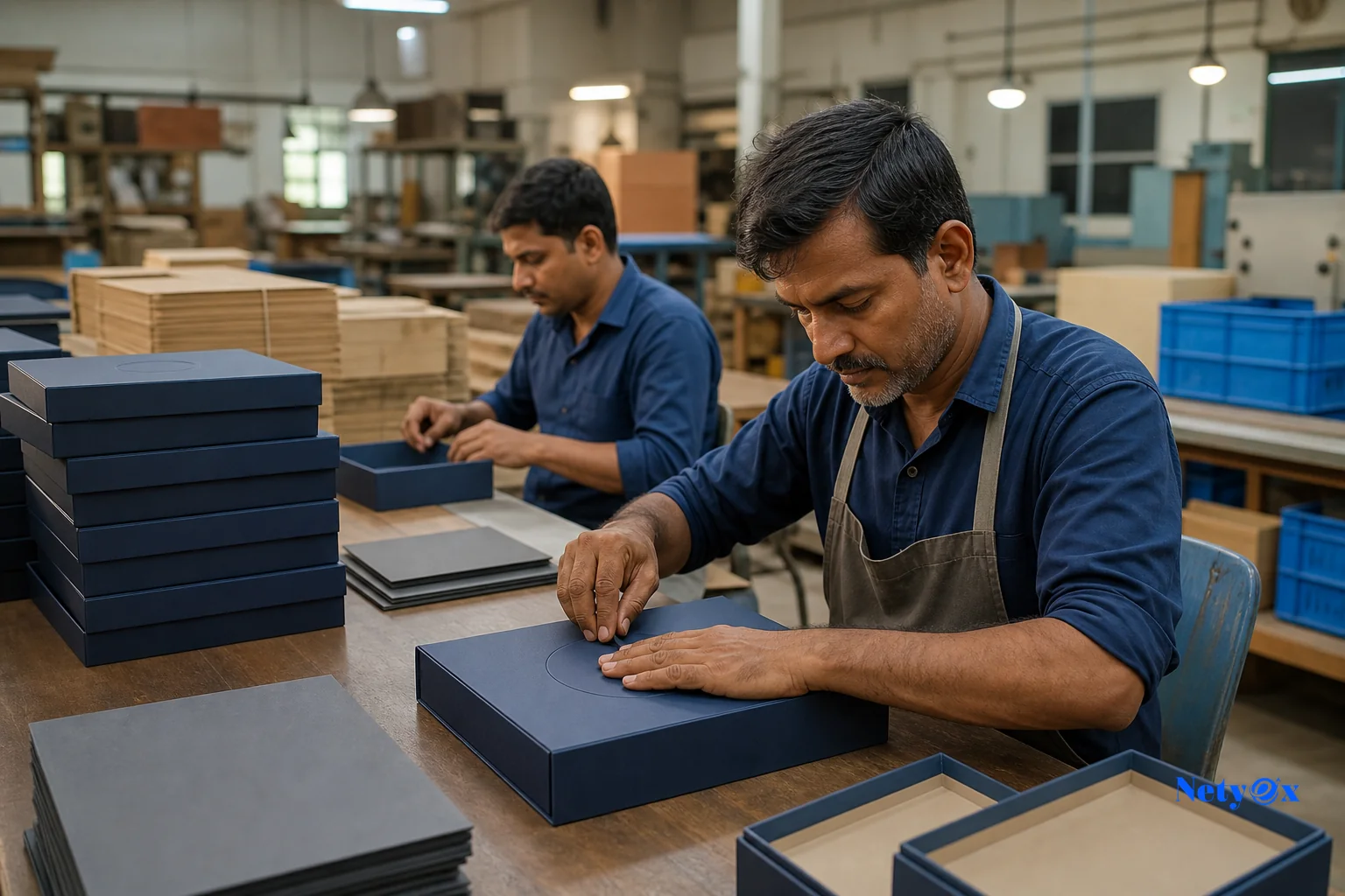 Close-up of custom branded packaging and product being finished in an Indian workshop. photorealistic photo of skilled artisans in an Indian manufacturing workshop applying custom logo printing and embossing to product packaging boxes