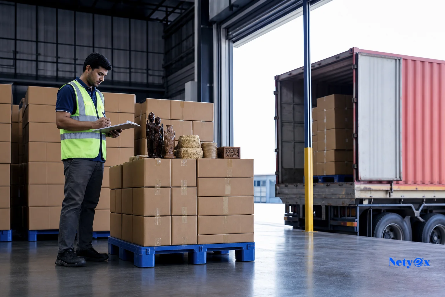 A logistics and export scene showing packaged handicraft goods ready for shipment from India to France. Photorealistic photo of a warehouse loading area in India with neatly stacked export cartons labeled for international shipment, a