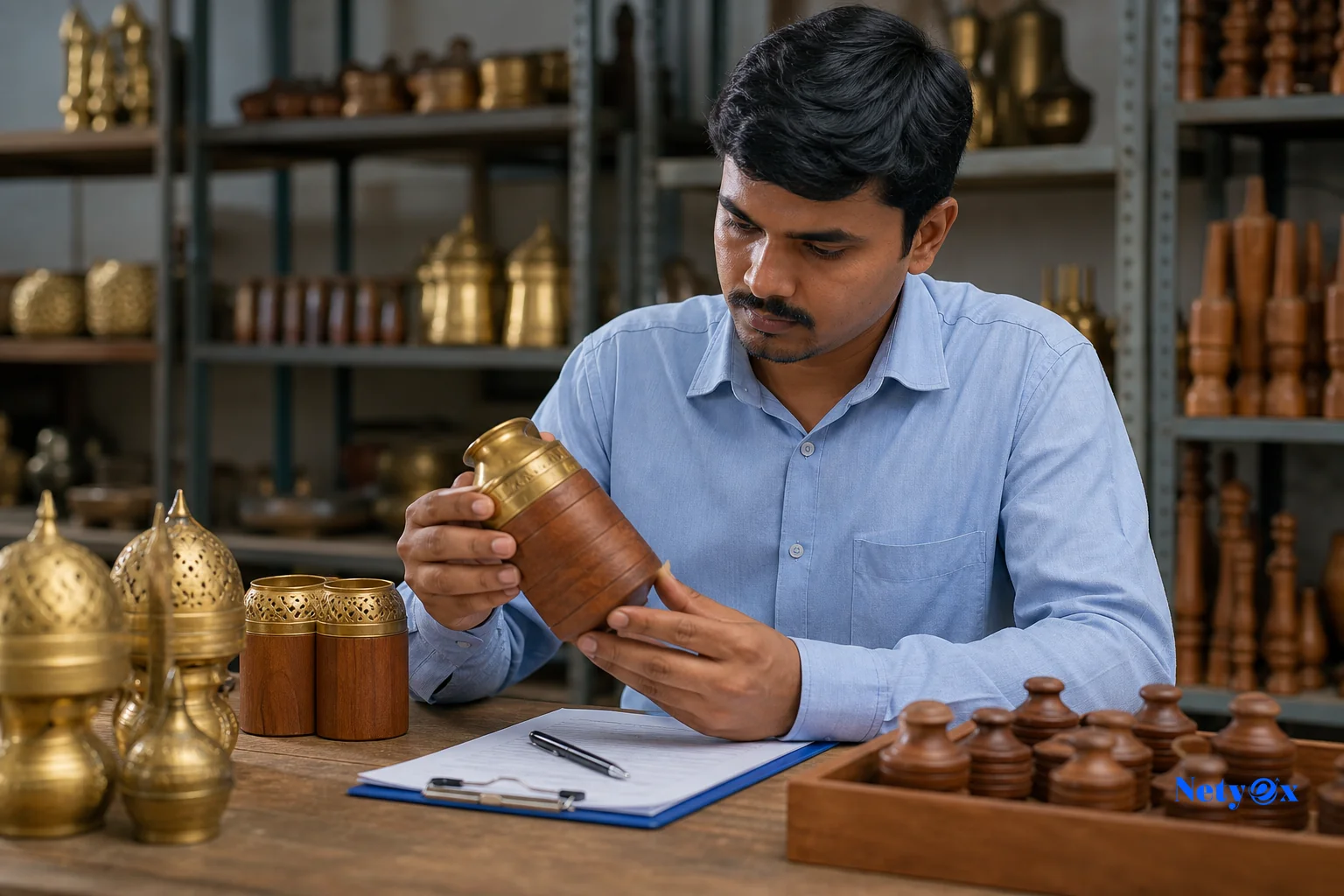 An Indian sourcing specialist inspecting handicraft products inside a workshop, representing supplier verification and quality control. Photorealistic photo of an Indian quality control specialist wearing a collared shirt carefully