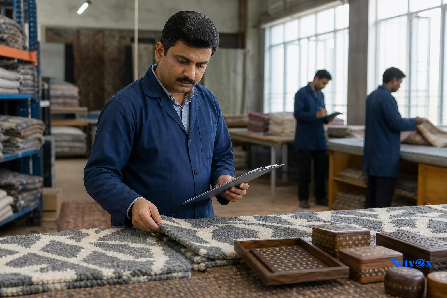 Quality inspector examining textile or handicraft products in an Indian factory. Photorealistic photo of a quality control inspector in an Indian manufacturing workshop carefully examining a hand-tufted wool rug and wooden handicraft items