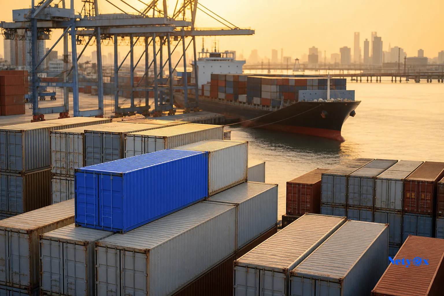 Shipping containers and cargo at a port representing India to USA export logistics. Photorealistic photo of stacked shipping containers at a busy port with a cargo ship in the background, golden late-afternoon light, one container painted