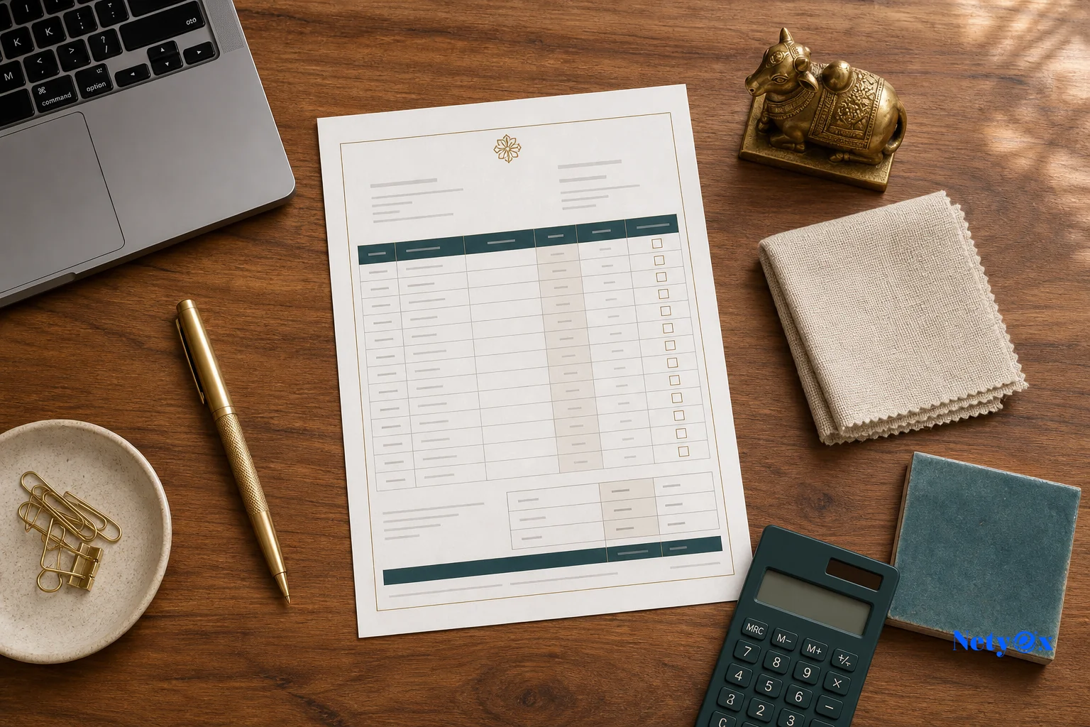 Flat-lay of a structured India sourcing quotation checklist with product samples and calculator