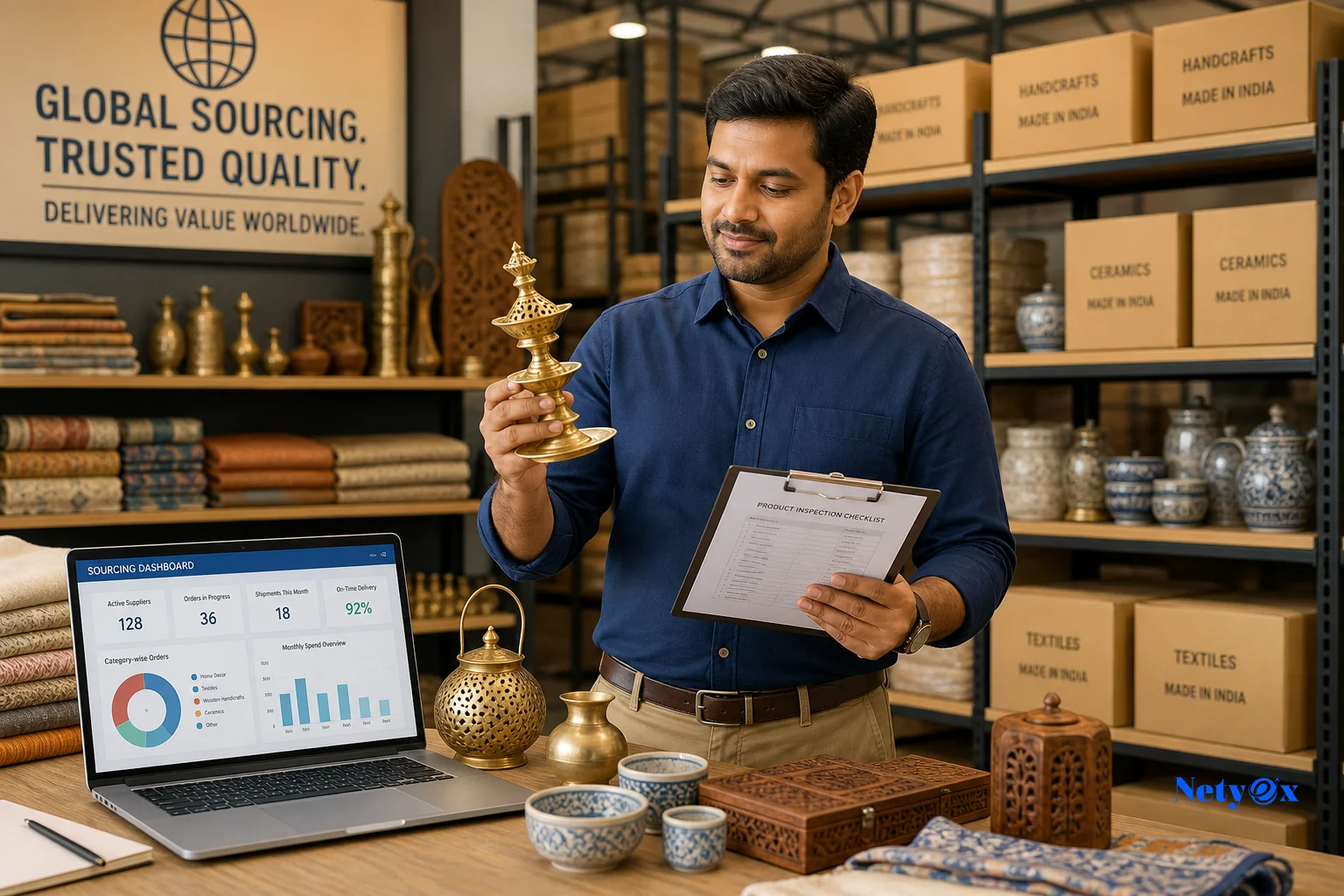 Netyex sourcing specialist in India reviewing product samples and coordinating with suppliers on behalf of a global buyer