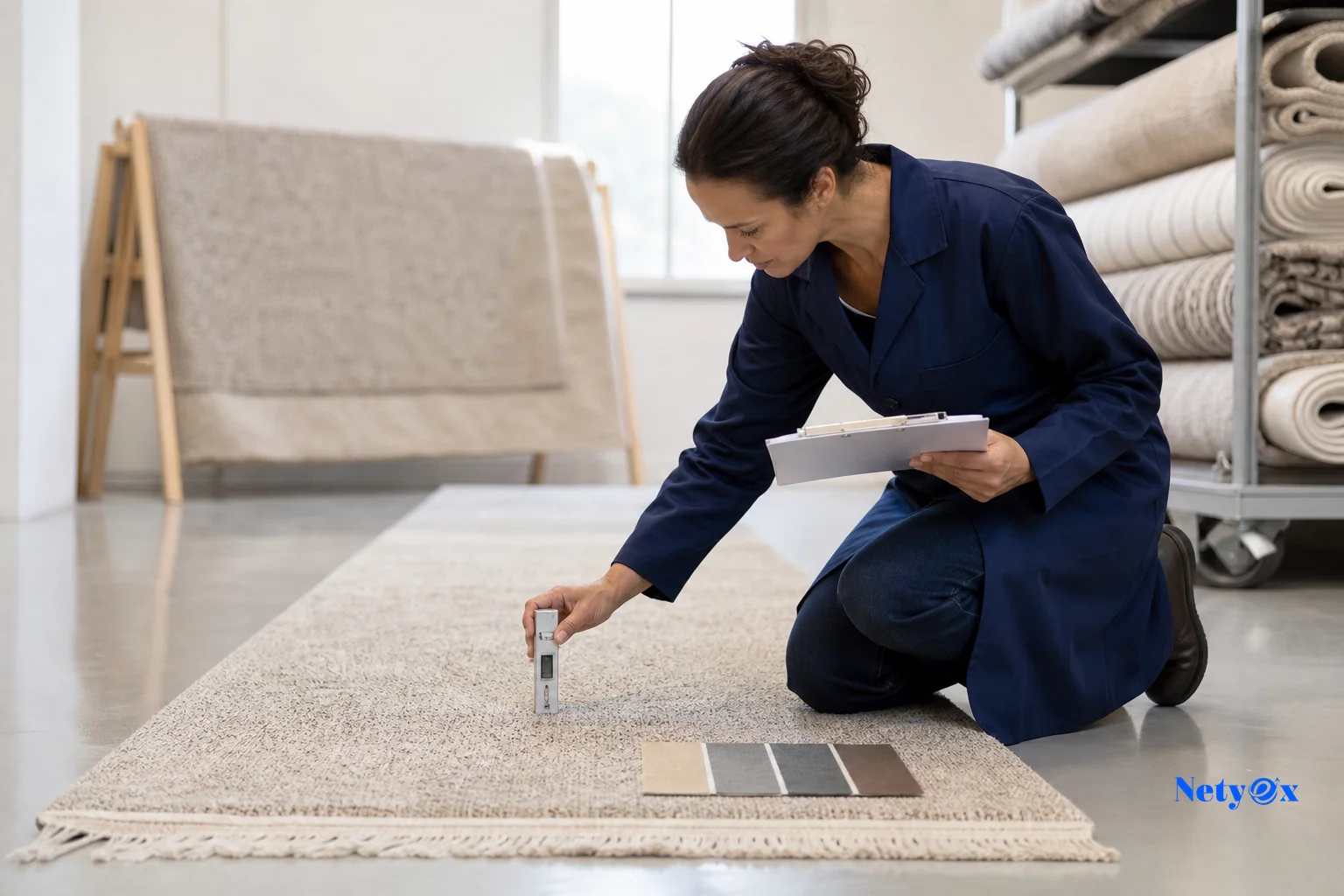 Quality control inspector measuring pile height and checking dye consistency on a rolled out runner rug. Photorealistic photo of a quality control inspector kneeling beside a long unrolled wool runner rug in a bright inspection room, using