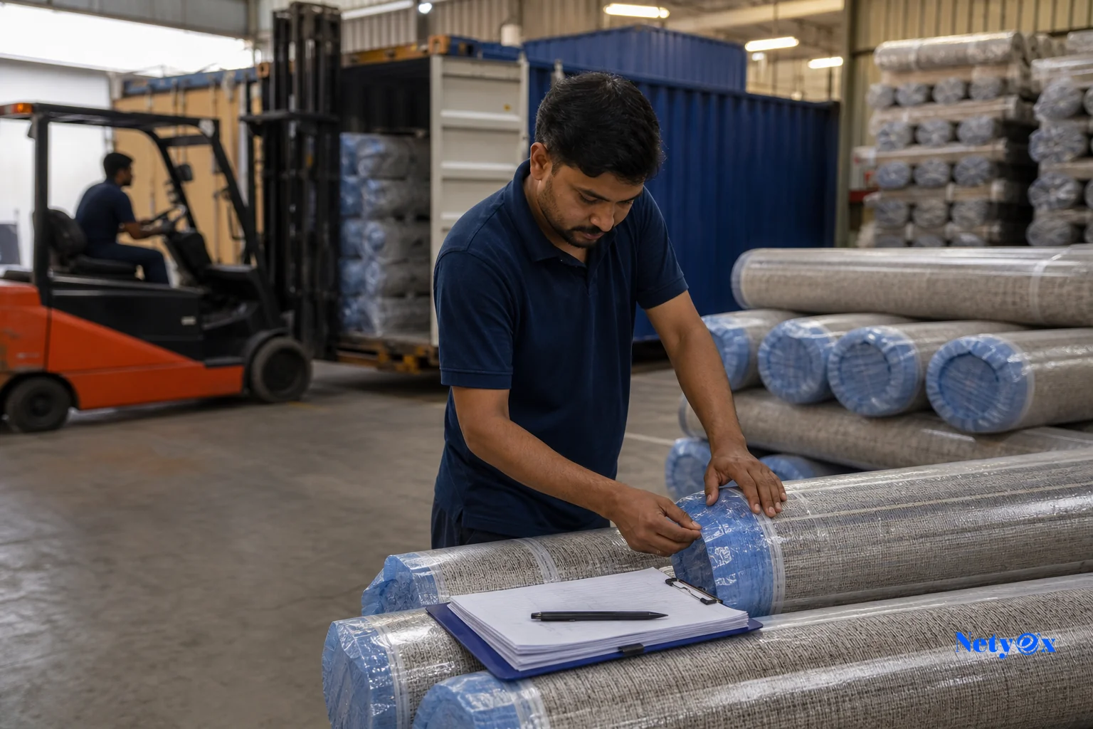 Export documentation and packing process for rolled rugs ready for shipping. Photorealistic photo of a warehouse worker in India preparing rolled rugs wrapped in protective packaging for export, stacked commercial invoices and shipping