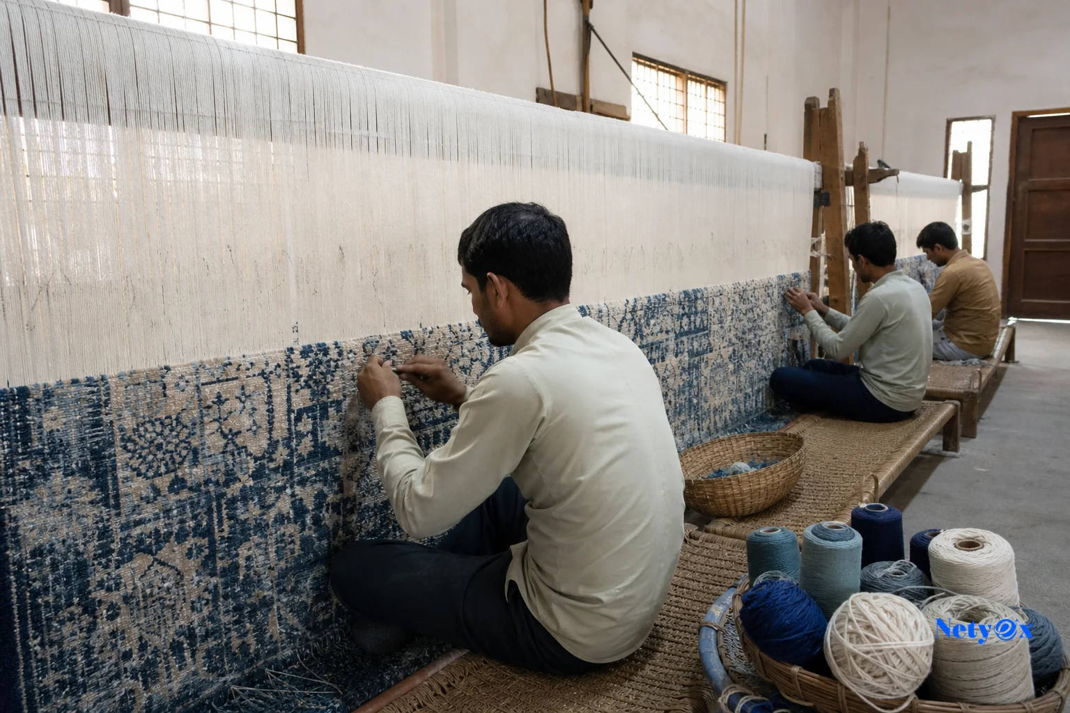 Indian rug workshop with artisans hand-tufting a long narrow runner rug on a frame. Photorealistic photo of an Indian rug manufacturing workshop, artisans hand-tufting a long narrow wool runner rug stretched on a large wooden frame, wool