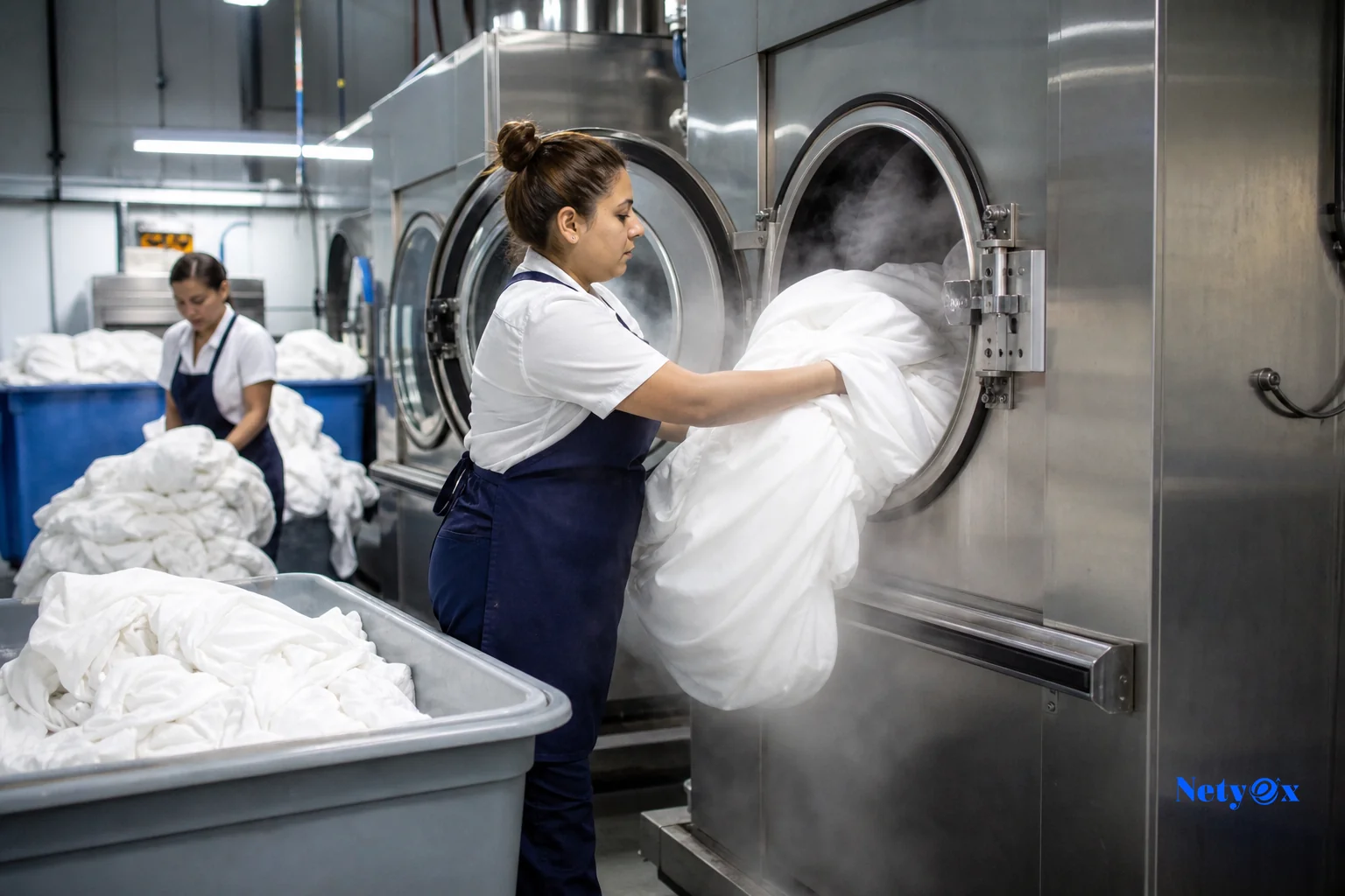 Industrial laundry facility processing bulk hotel textiles. Photorealistic photo of an industrial commercial laundry facility with large steel washing machines processing white hotel towels and sheets, steam rising, workers in aprons